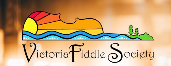 Victoria Fiddle Society logo floats over top of a get together with music.